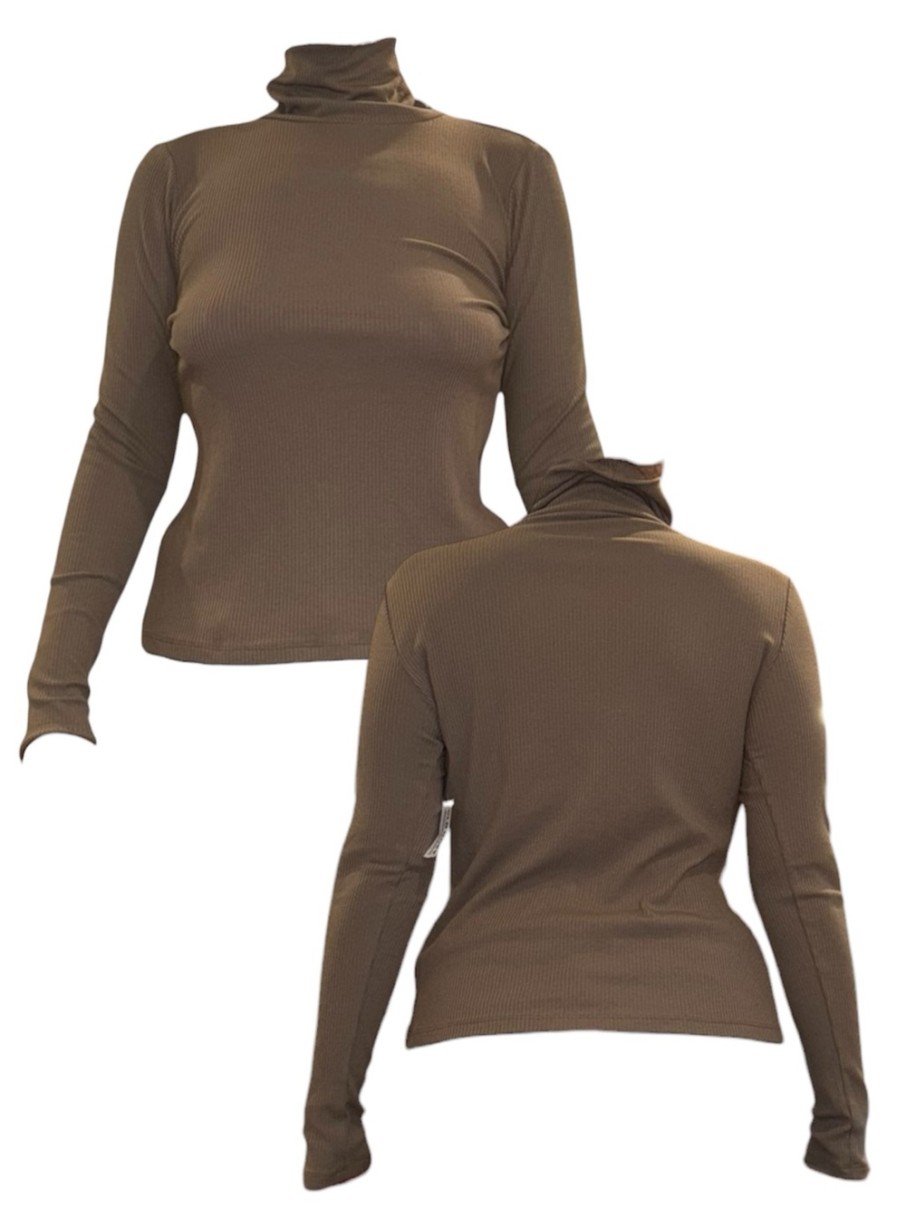 Brown Ribbed Long-Sleeve Turtleneck Top